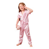 Pijama Infantil Americano Cetim Seda Manga Curta Calça Rosa