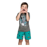 Pijama Infantil Meninos Camiseta E Bermuda T Rex Space Elian