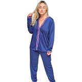 Pijama Longo Feminino Blusa Aberta Botões