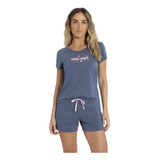 Pijama Manga Curta Feminino Azul Jeans
