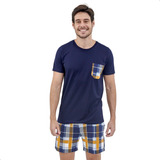 Pijama Masculino Curto Xadrez Malha Shorts Verão Confortável