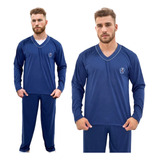Pijama Masculino Gola V Liso Inverno Conforto Manga Longa