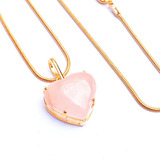 Pingente Coração Em Pedra Quartzo Rosa + Corrente 45cm