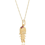 Pingente Menina Filha Rubis Com Corrente Singapura Ouro 18k Cor Amarelo