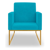 Poltrona Sala Espera Cor Azul Turquesa - Base Ferro Dourado
