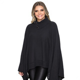 Poncho Feminino Tricôt Mousse Liso Gola Alta Capa Feminina