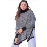 Poncho Quadriculado Trico Feminino Manga Longa