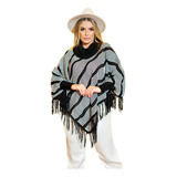 Poncho Xadrez Gola Alta Manga Longa Tricot Feminino 