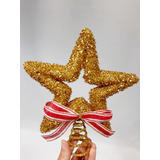 Ponteira Estrela Laço C/ Glitter Dourada Árvore De Natal
