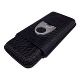 Porta Charutos Para Viagem Passeio Couro Preto Com Cortador