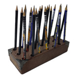 Porta Lapis Madeira Maciça 21x8x4cm 750g C/ 21 Lapis Antigos