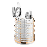 Porta Talheres Suporte Mesa Cozinha Aço Branco E Dourado