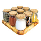 Porta Tempero De Madeira Com 9 Potes De Vidro 100ml Rolha