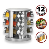 Porta Tempero Inox 12 Potes Suporte Giratório + 28 Etiquetas