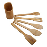 Porta Utensílios De Cozinha Bambu Com Colher E Espatulas