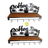 Prateleira Coffee Time Kit 2 Un. Rústica Ferro Madeira Retrô