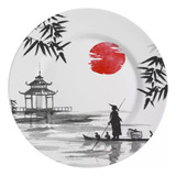 Prato Parede Porcelana Decorativo Oriental Ø20cm Com Suporte