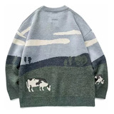 Pulôver Vaca Tricotado Vintage Estilo Fashion Padrão Suéter