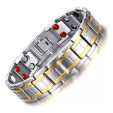 Pulseira Aço Inox Magnética Prata Filetes Ouro 18k Original