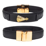 Pulseira Couro Preto Dourada Nossa Senhora Aparecida Norte