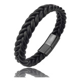 Pulseira Executiva Masculina Couro Trançada Preta Fecho Ímã
