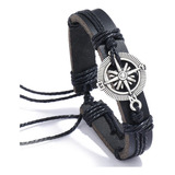 Pulseira Masculina Bussola Bracelete De Couro Preta