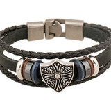 Pulseira Masculina Couro Cruz Templária Tribal Black Escudo