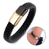 Pulseira Masculina Couro Trançado Preto Fecho Banhado A Ouro