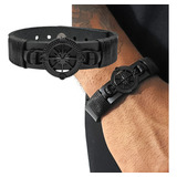 Pulseira Masculina De Couro Bússola Preta