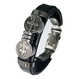 Pulseira Masculina De Couro Cruz Sagrada São Bento Bracelete