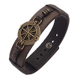 Pulseira Masculina De Couro Pingente Bussola Marrom