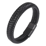 Pulseira Masculina De Couro Trançado Com Fecho Imã Aço Inox Comprimento 21 Cm Cor Preto
