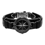 Pulseira Masculina Social Couro Bússola Verniz Regulável