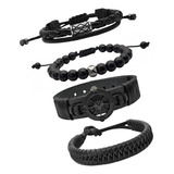 Pulseiras De Couro Masculinas Bolinhas Bússola Kit C / 04 