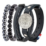 Pulseiras Masculina Couro Kit C/04 São Bento Cruz+ Bolinhas 