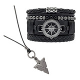 Pulseiras Masculinas Bússola Kit C / 04 + Colar Tribal 
