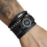 Pulseiras Masculinas Couro Ancora Cruz Bussola Kit C/ 04