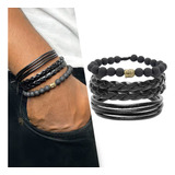 Pulseiras Masculinas Couro Bolinhas Buda Kit