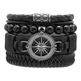 Pulseiras Masculinas De Couro Bússola Negra Kit C/4