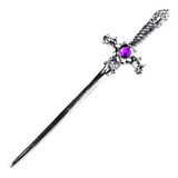 Punhal Em Metal Prata Brilhante 15 Cm Com Pedra Lilás