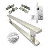 Puxador Aço Inox 1 Metro + Fechadura + Dobradiça Pivotante Cor Polido Brilhante