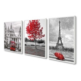 Quadro Árvores Vermelha, Paris E Londres Moldura Lisa