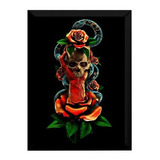 Quadro Decoração Estúdio Tatuagem Arte Cobra Rosas Cranio