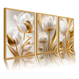 Quadro Decorativo Flores Tulipas Brancas Douradas
