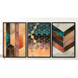 Quadro Decorativo Moldura Sala Jogo Geométrico Cubos Chevron