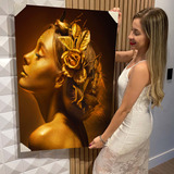 Quadro Decorativo Rosto Feminino Dourado Rosas No Cabelo