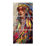 Quadro Índia Nativa 75x150 Mosaico Arte 3 Telas Ultra Hd 4k