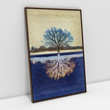 Quadro Para Sala Paisagem Árvore Azul E Amarela C/ Moldura