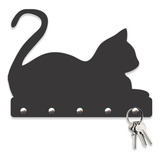 Quadro Porta Chaves Gato Deitado Mdf 3mm Vazado 20x15 Cor Preto Fosco