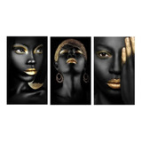 Quadros Decorativo 3 Peças Africana Woman Faces Arte Golden